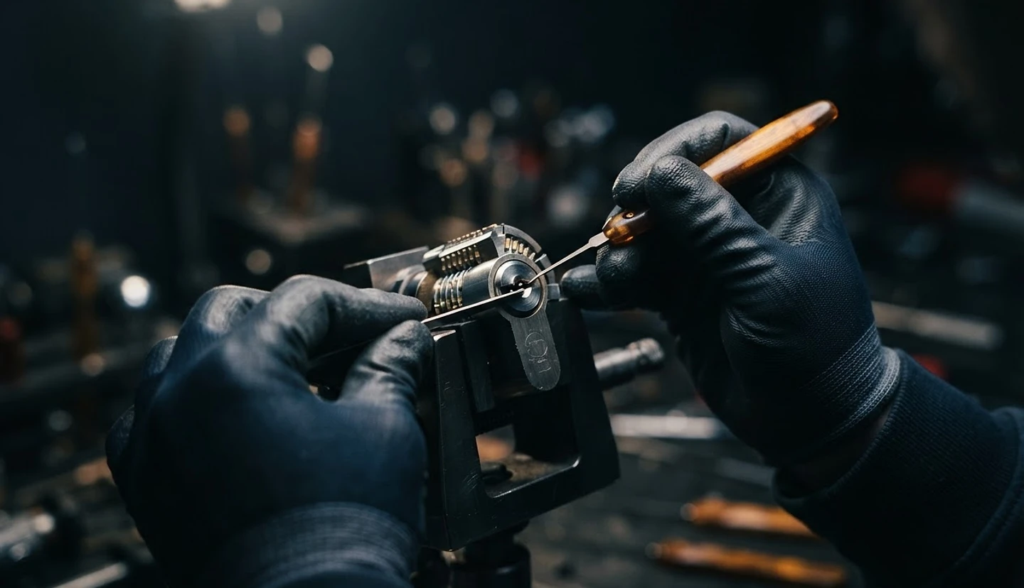 Professional locksmith working on a high-security lock